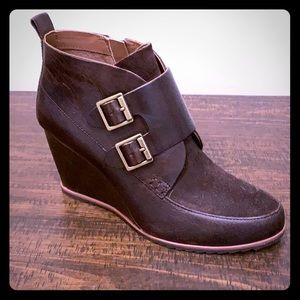 Korks Hanska Monk Strap Wedge Bootie in Dark Brown
